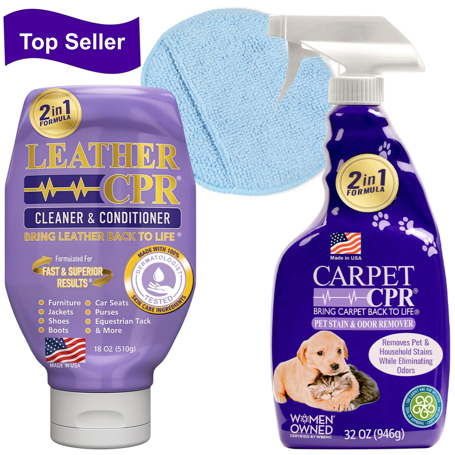 Leather CPR Cleaner & Conditioner 18oz + 1 Microfiber Applicator Pad + Carpet CPR Pet Stain & Odor Remover 32oz