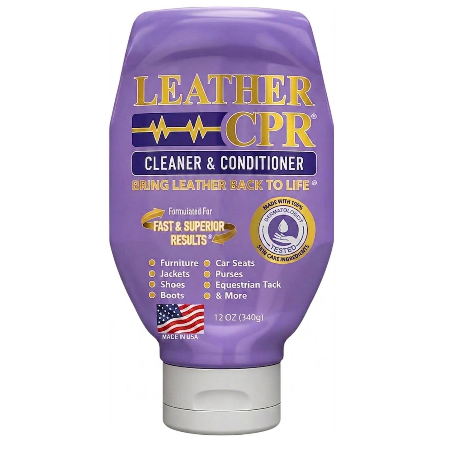 A 12 oz squeeze bottle of Leather CPR Cleaner & Conditioner on a plain white background. The bottle is purple with gold and white text, and a white flip-top cap.