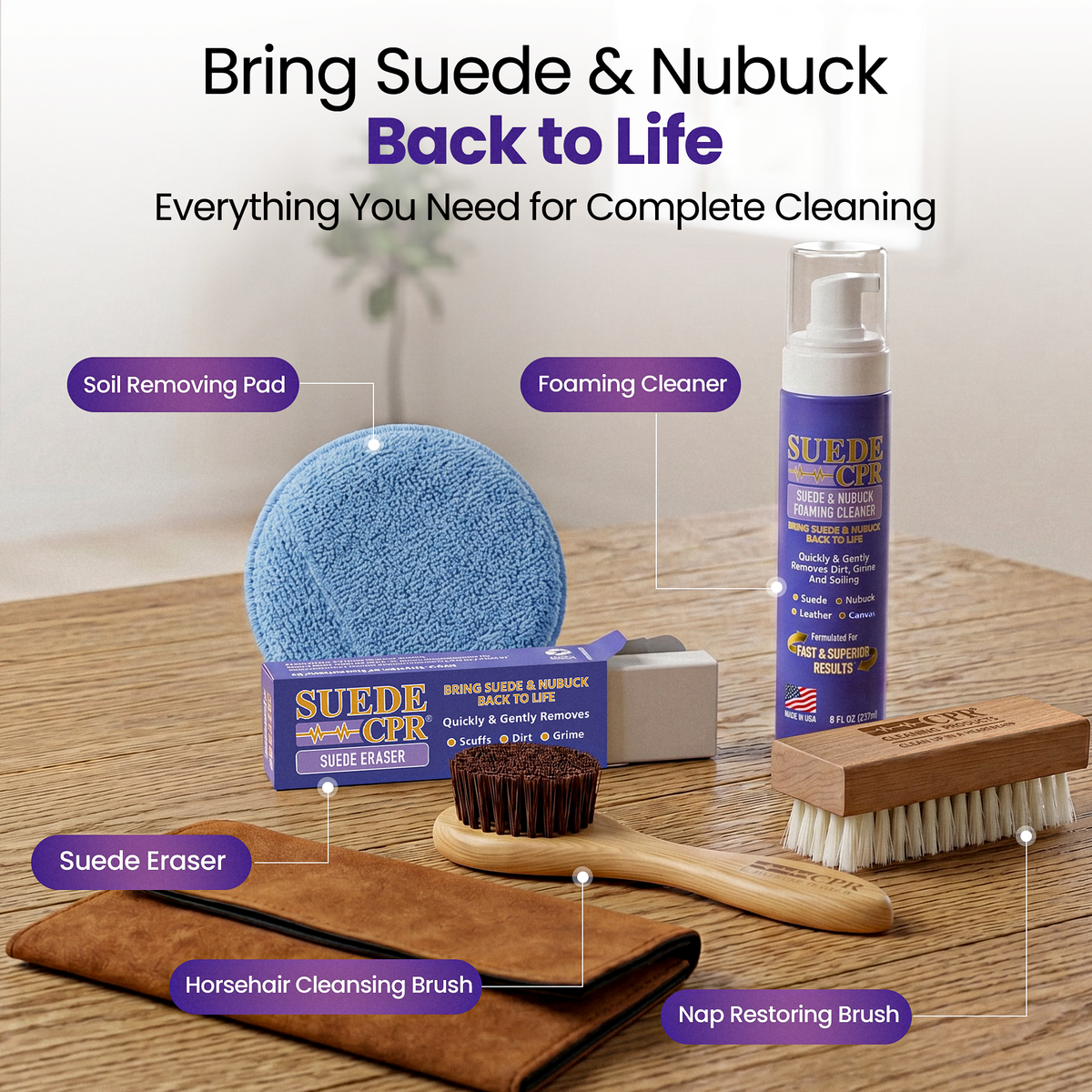 Suede CPR: Complete Suede & Nubuck Cleaning Kit – 8 oz Foaming Cleaner, Eraser, 2 Brushes & Microfiber Applicator