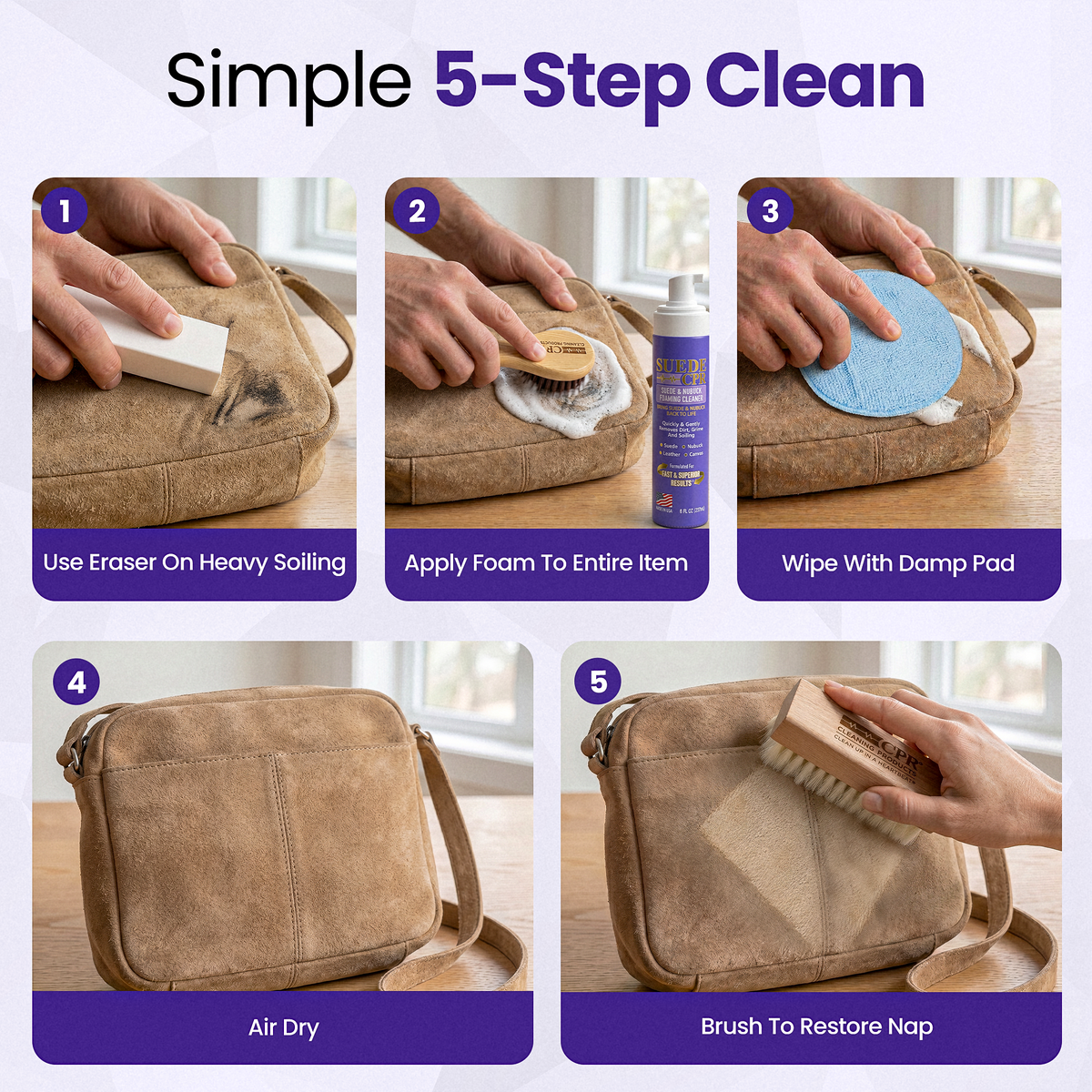 Suede CPR: Complete Suede & Nubuck Cleaning Kit – 8 oz Foaming Cleaner, Eraser, 2 Brushes & Microfiber Applicator