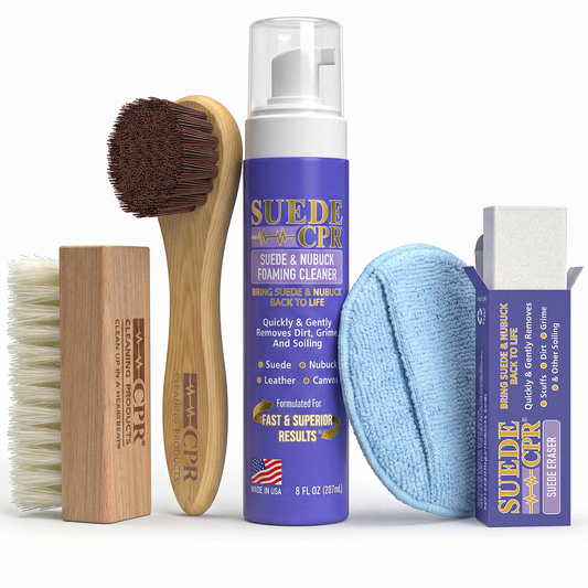 Suede CPR: Complete Suede & Nubuck Cleaning Kit – 8 oz Foaming Cleaner, Eraser, 2 Brushes & Microfiber Applicator