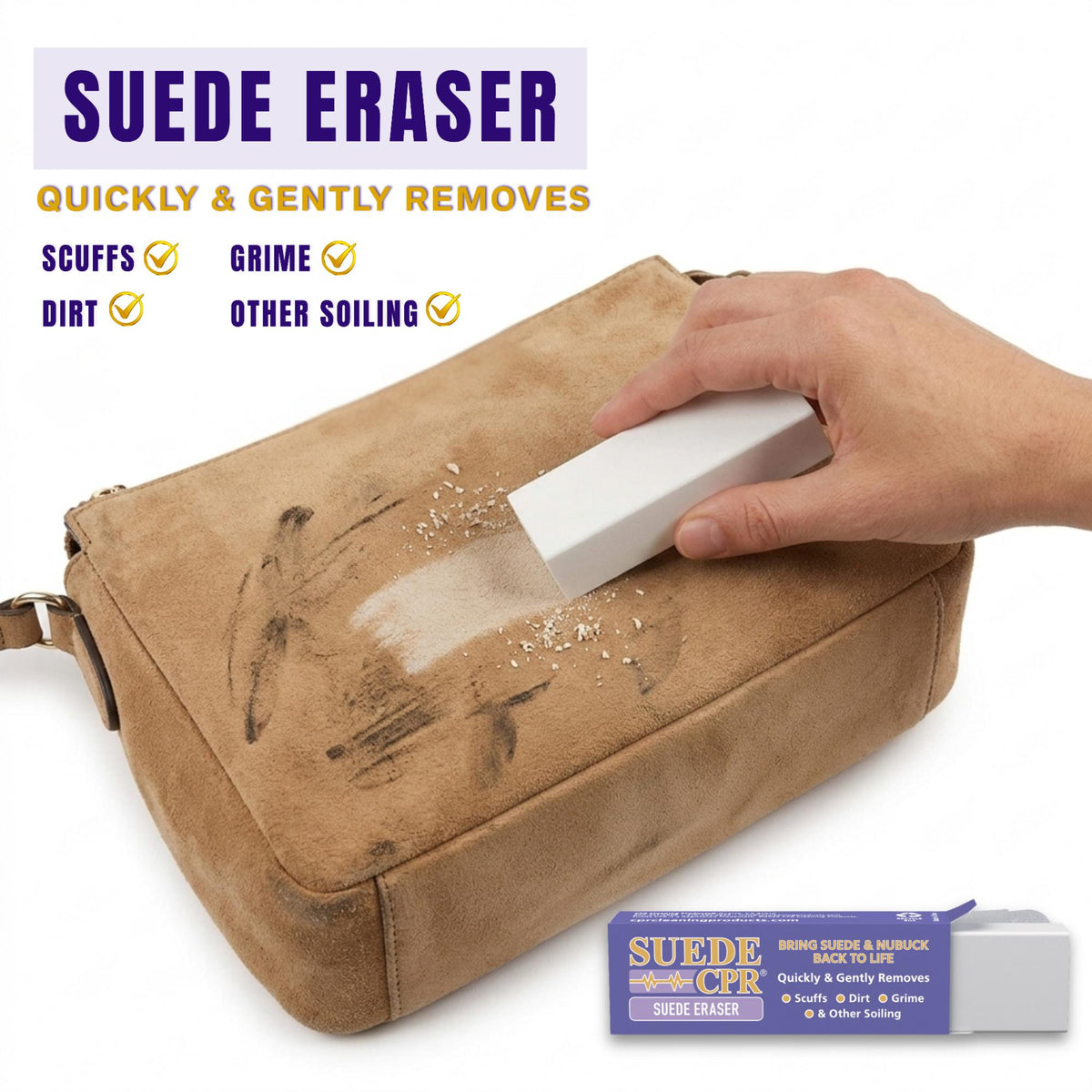 Suede CPR 2-Piece Suede & Nubuck Dry Cleaning Kit – Eraser & Brush Shoe Cleaner for Boots, Sneakers, Handbags & Jackets – Removes Scuffs, Dirt & Surface Marks