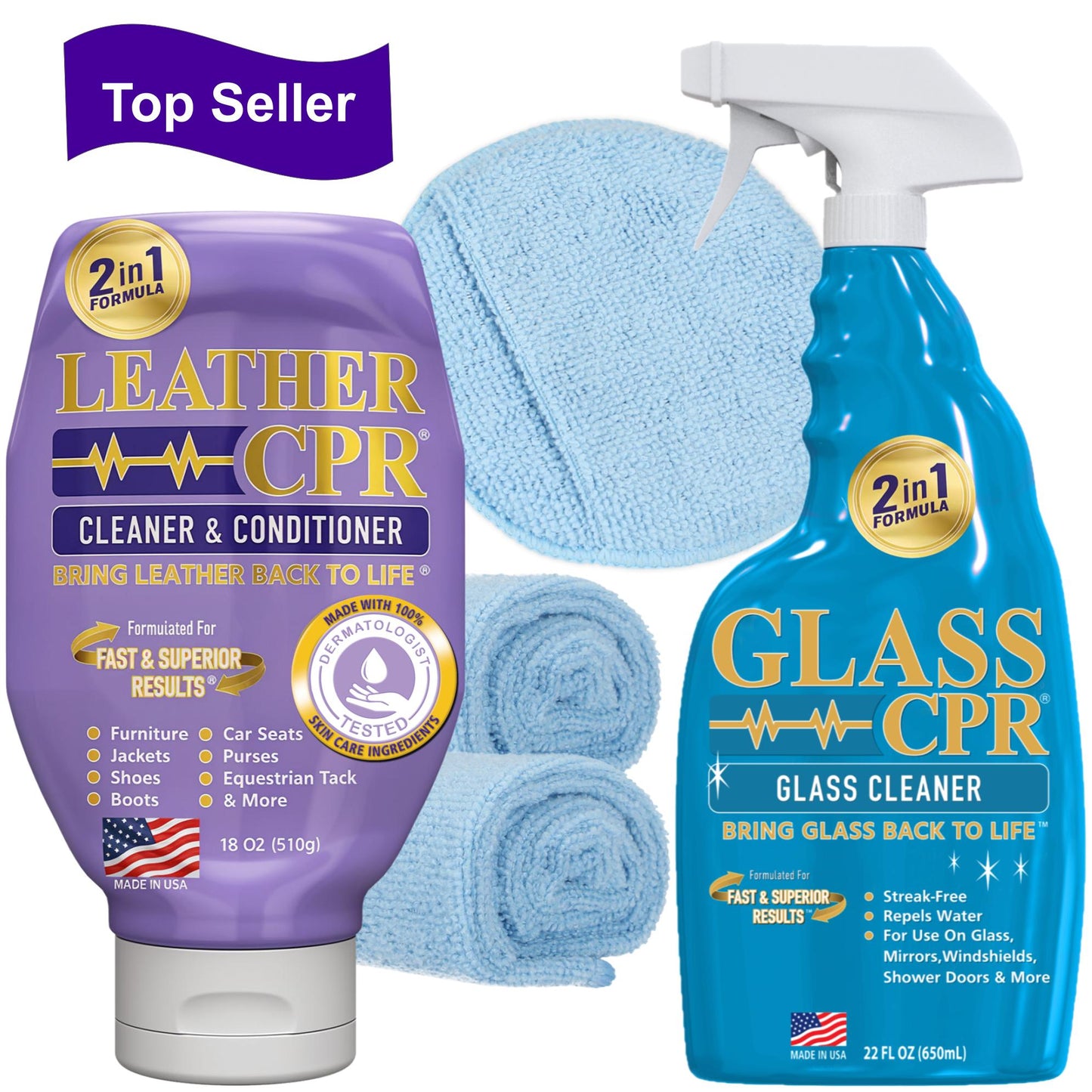 Leather CPR Cleaner & Conditioner 18oz + Glass CPR Glass Cleaner & Water Repellent 22oz + 1 Microfiber Applicator Pad + 2 Microfiber Towels