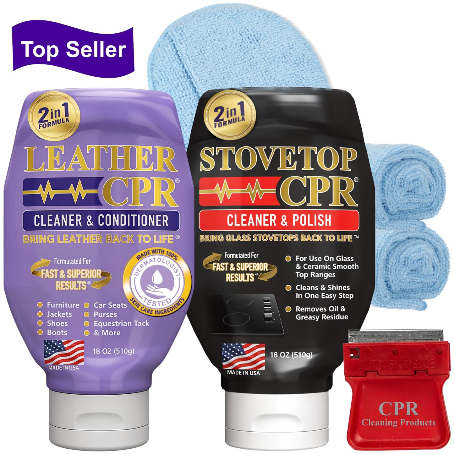 Leather CPR Cleaner & Conditioner 18oz + Stovetop CPR Cleaner & Polish 18oz + Razor Blade Scraper + 1 Microfiber Applicator Pad + 2 Microfiber Towels