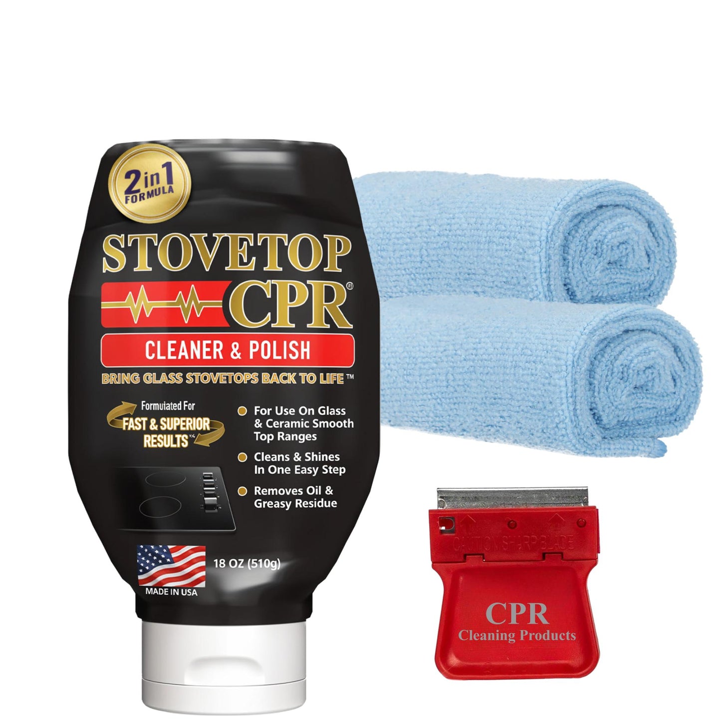 Stovetop CPR Cleaner & Polish 18oz + Razor Blade Scraper + 2 Microfiber Towels