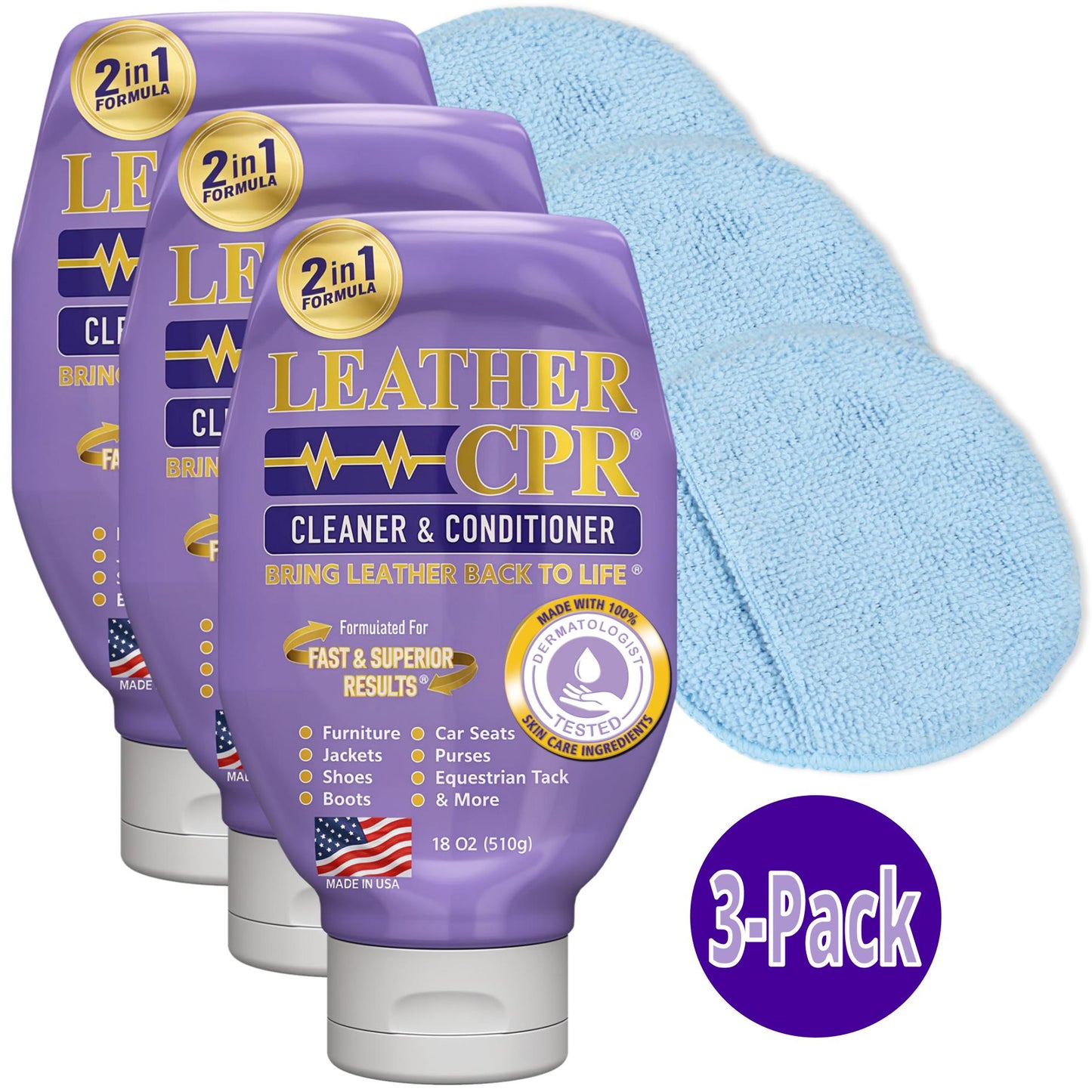 Leather CPR Cleaner & Conditioner 18oz 3-Pack + 3 Microfiber Applicator Pads