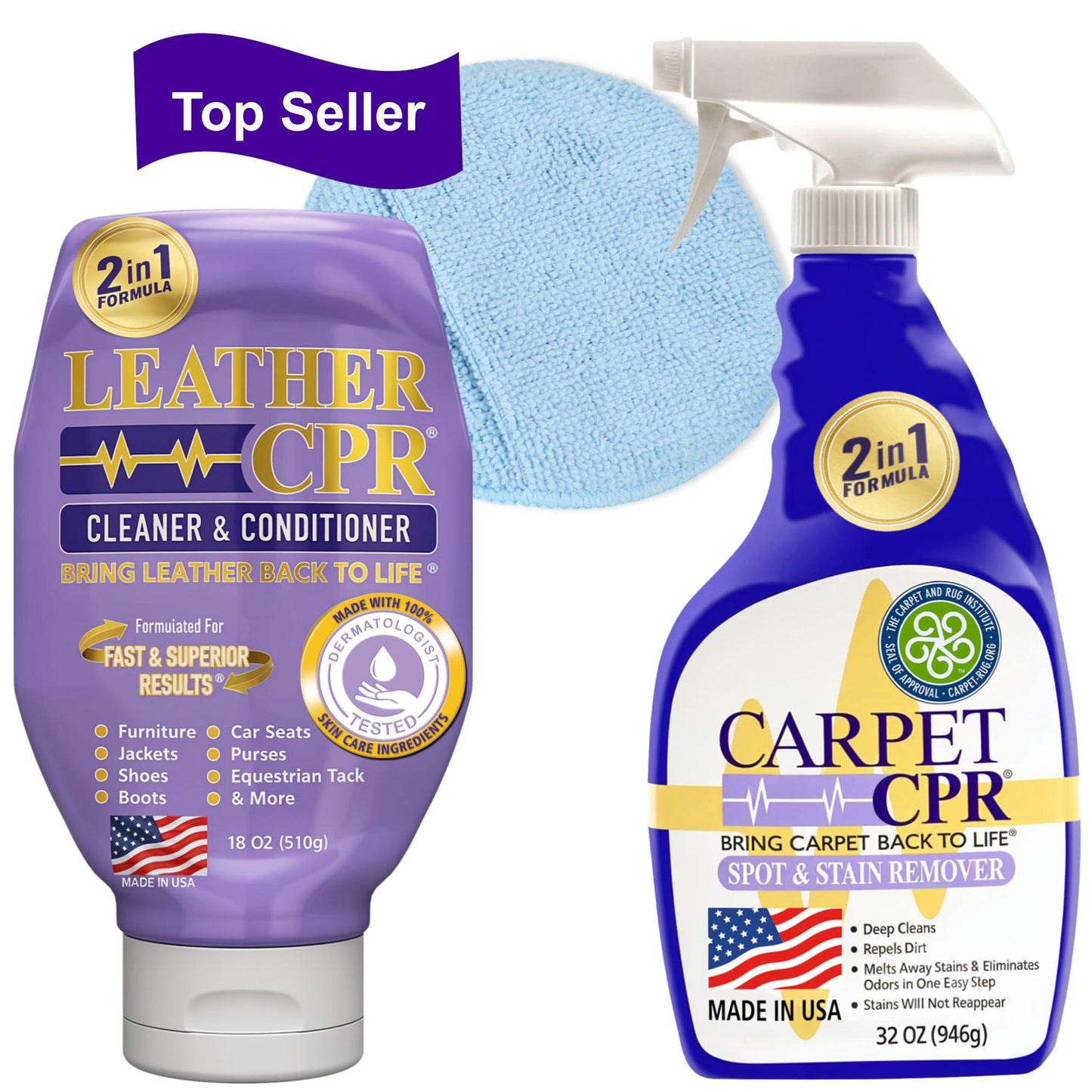 Leather CPR Cleaner & Conditioner 18oz +  1 Microfiber Applicator Pad + Carpet CPR Spot & Stain Remover 32oz