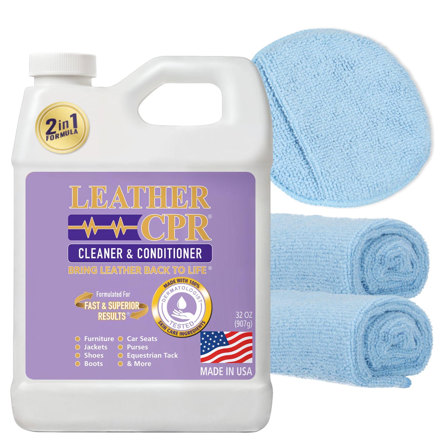 Leather CPR Cleaner & Conditioner 32oz + Microfiber Applicator Pad + 2 Microfiber Towels