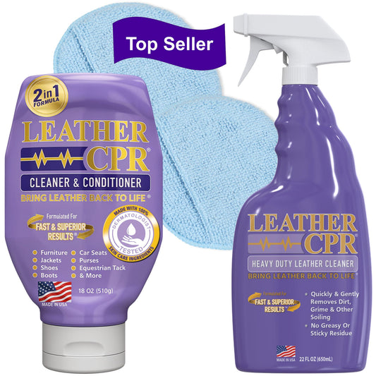 Leather CPR Cleaner & Conditioner 18oz + Leather CPR Heavy Duty Leather Cleaner 22oz + 2 Microfiber Applicator Pads